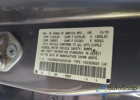 2006 Honda Accord 2.4 Ex z USA, uszkodzony, nr VIN 1HGCM56816A025439
